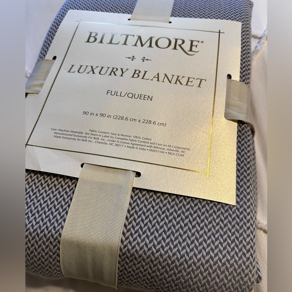 Biltmore yarn dyed cotton blanket steel blue and cream queen